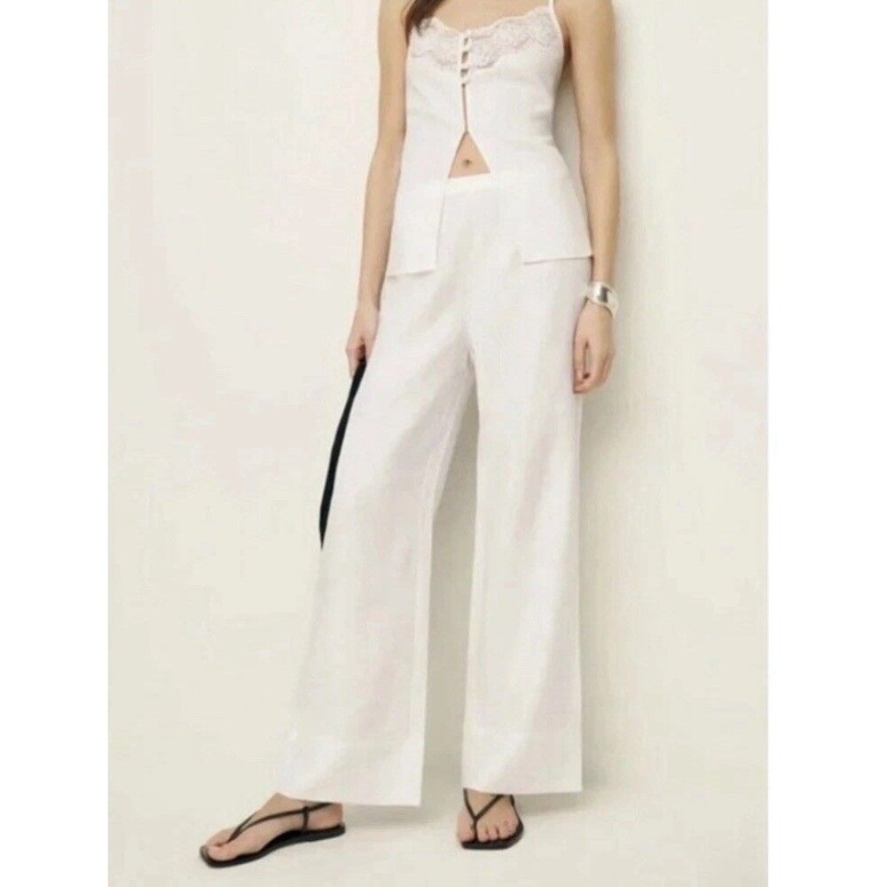 REFORMATION Tess Linen Long Wide Leg Pants In White Size 4